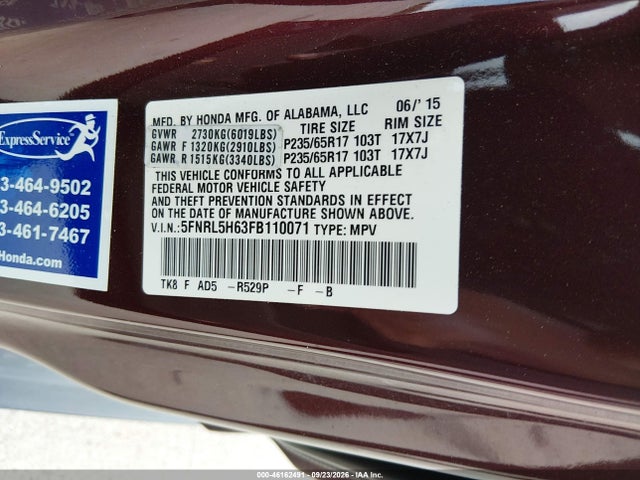 Honda Odyssey Ex-l 2015 5FNRL5H63FB110071 Image 9