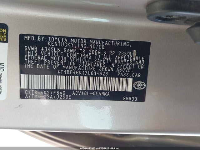 Aukcja sprzedaży 2007 Toyota Camry Le, vin: 4T1BE46K17U614628, numer aukcji: 46162505
