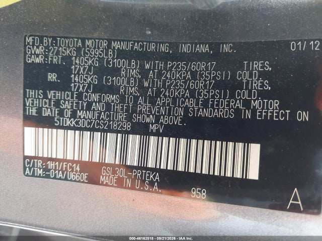 Aukcja sprzedaży 2012 Toyota Sienna Le V6 8 Passenger, vin: 5TDKK3DC7CS218298, numer aukcji: 46162518