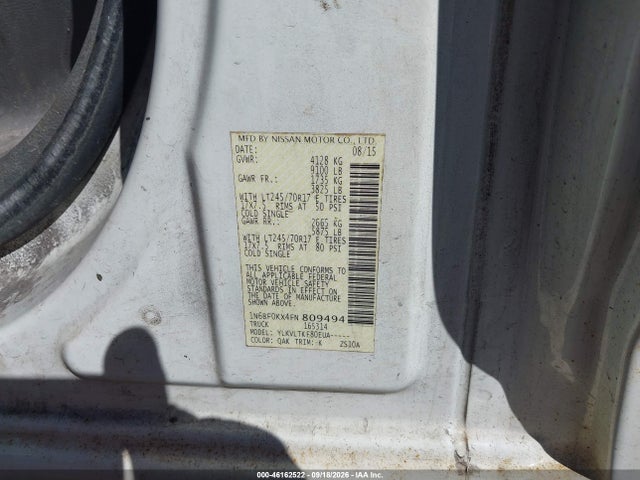 2015 Nissan Nv Cargo Nv2500 Hd Sv V6 მანქანა იყიდება აუქციონზე, vin: 1N6BF0KX4FN809494, აუქციონის ნომერი: 46162522