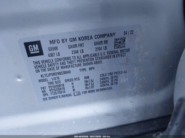 46162526 :رقم المزاد ، KL7CJPSM2NB538940 vin ، 2022 Chevrolet Trax Awd Lt مزاد بيع