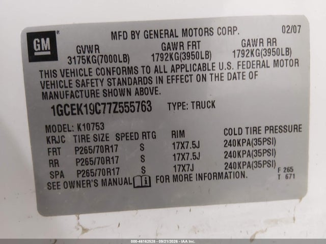 46162528 :رقم المزاد ، 1GCEK19C77Z555763 vin ، 2007 Chevrolet Silverado 1500 Lt1 مزاد بيع