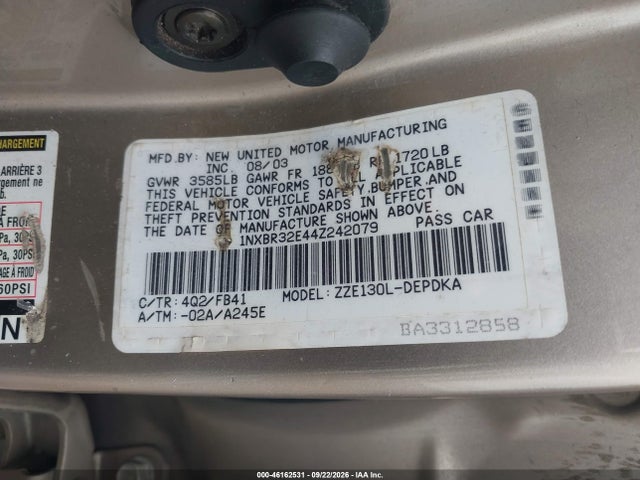 46162531 :رقم المزاد ، 1NXBR32E44Z242079 vin ، 2004 Toyota Corolla Ce مزاد بيع