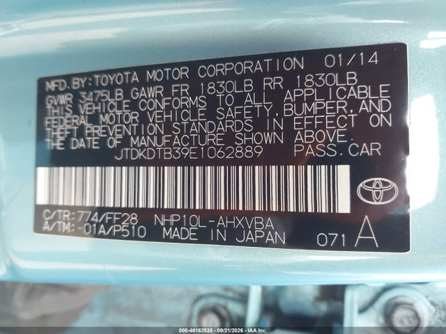 46162535 :رقم المزاد ، JTDKDTB39E1062889 vin ، 2014 Toyota Prius C Two مزاد بيع