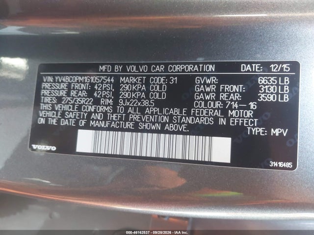 Aukcja sprzedaży 2016 Volvo Xc90 Hybrid T8 R-design, vin: YV4BC0PM1G1057544, numer aukcji: 46162537