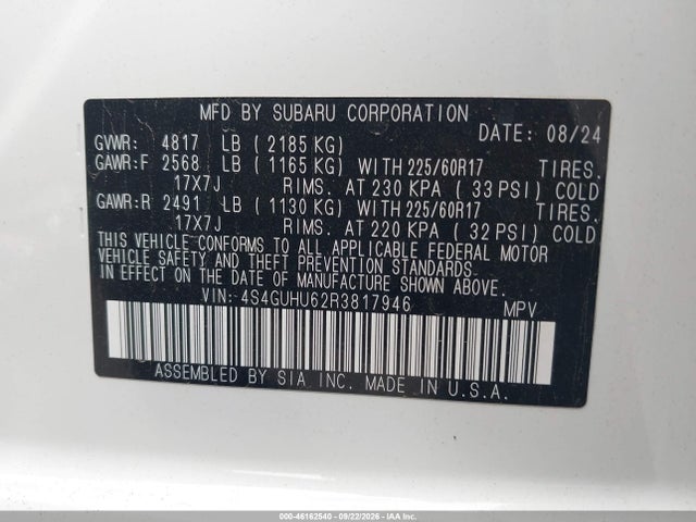 Aukcja sprzedaży 2024 Subaru Crosstrek Wilderness, vin: 4S4GUHU62R3817946, numer aukcji: 46162540