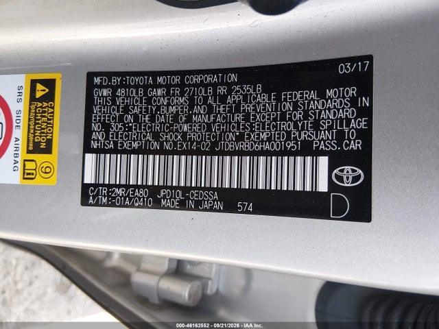 2017 Toyota Mirai მანქანა იყიდება აუქციონზე, vin: JTDBVRBD6HA001951, აუქციონის ნომერი: 46162552
