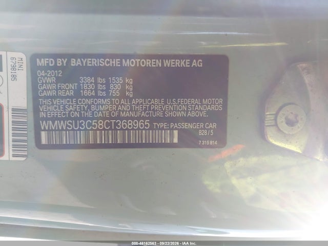 46162563 :رقم المزاد ، WMWSU3C58CT368965 vin ، 2012 Mini Cooper مزاد بيع