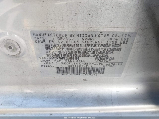 Aukcja sprzedaży 2016 Nissan Versa 1.6 S/1.6 S+/1.6 Sl/1.6 Sv, vin: 3N1CN7AP2GL869198, numer aukcji: 46162565