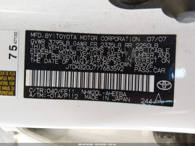 46162586 :رقم المزاد ، JTDKB20U777683592 vin ، 2007 Toyota Prius مزاد بيع