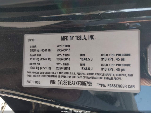 46162606 :رقم المزاد ، 5YJ3E1EA7KF305795 vin ، 2019 Tesla Model 3 Long Range/mid Range/standard Range/standard Range Plus مزاد بيع
