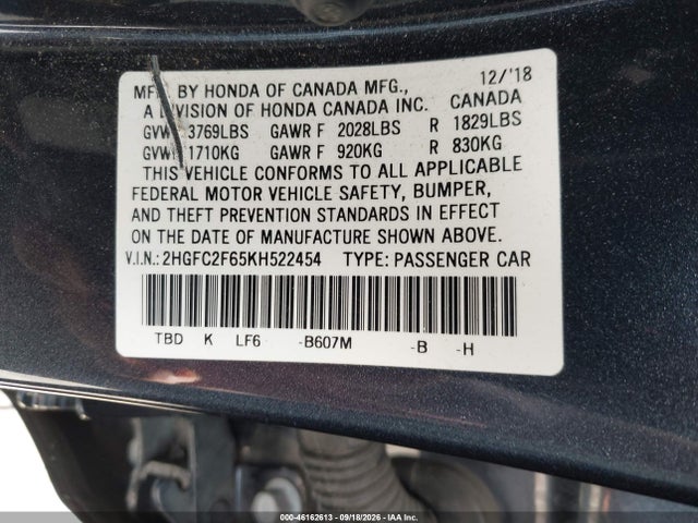 Honda Civic Lx 2019 2HGFC2F65KH522454 Image 9