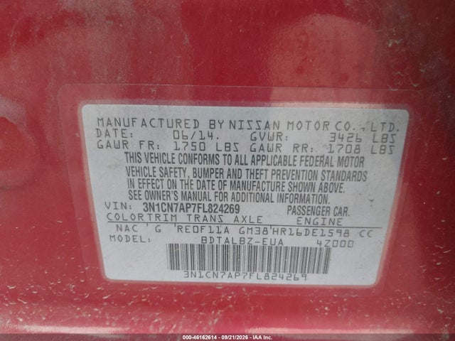 Продажа на аукционе авто 2015 Nissan Versa 1.6 Sv, vin: 3N1CN7AP7FL824269, номер лота: 46162614