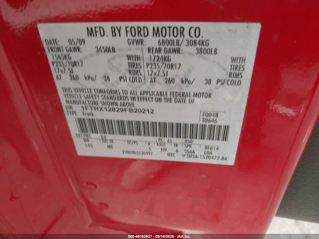 Aukcja sprzedaży 2009 Ford F-150 Stx/xl/xlt, vin: 1FTRX12829FB20212, numer aukcji: 46162637
