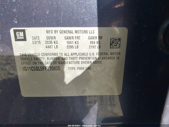 Продаж на аукціоні авто 2015 Chevrolet Malibu 1lt, vin: 1G11C5SL5FF276835, номер лоту: 46162641
