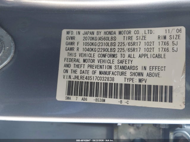 Продажа на аукционе авто 2007 Honda Cr-v Ex, vin: JHLRE48517C032838, номер лота: 46162647