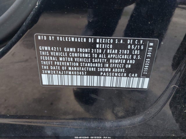 Продажа на аукционе авто 2015 Volkswagen Jetta 2.0l S, vin: 3VW2K7AJ1FM403457, номер лота: 46162649