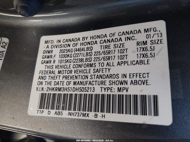 46162662 :رقم المزاد ، 2HKRM3H51DH505213 vin ، 2013 Honda Cr-v Ex مزاد بيع