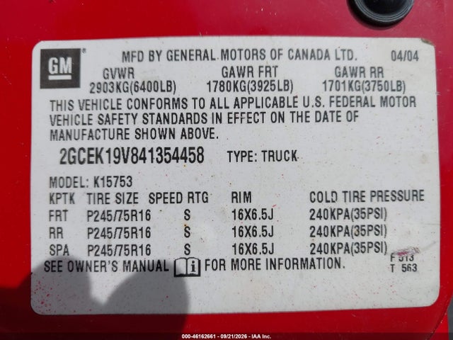 Продаж на аукціоні авто 2004 Chevrolet Silverado 1500 Work Truck, vin: 2GCEK19V841354458, номер лоту: 46162661