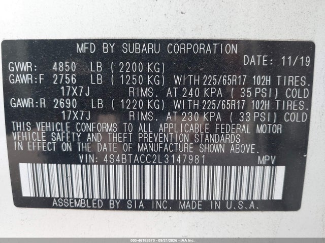 Продаж на аукціоні авто 2020 Subaru Outback Premium, vin: 4S4BTACC2L3147981, номер лоту: 46162670