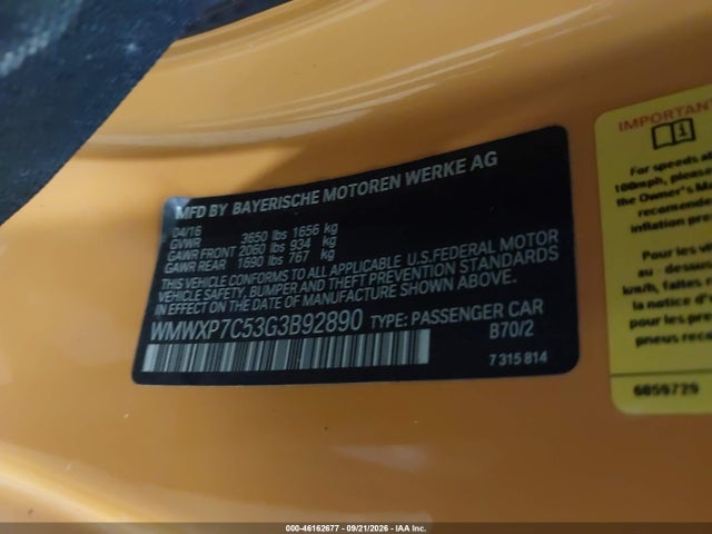 2016 Mini Cooper S მანქანა იყიდება აუქციონზე, vin: WMWXP7C53G3B92890, აუქციონის ნომერი: 46162677