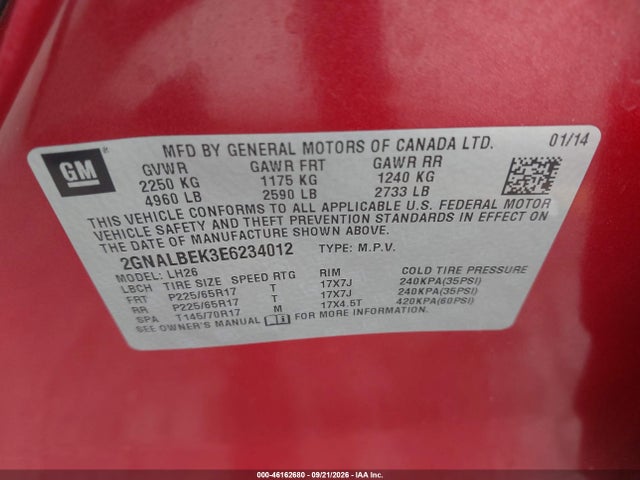Chevrolet EQUINOX 1LT 2014 2GNALBEK3E6234012 Image 9