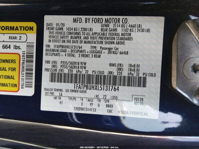 Auction sale of the 2020 Ford Mustang Ecoboost Premium, vin: 1FATP8UHXL5131764, lot number: 46162681