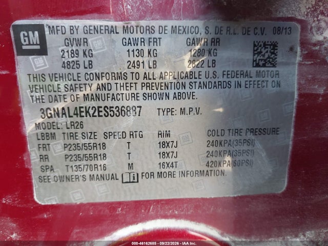 46162685 :رقم المزاد ، 3GNAL4EK2ES536887 vin ، 2014 Chevrolet Captiva Sport Ltz مزاد بيع
