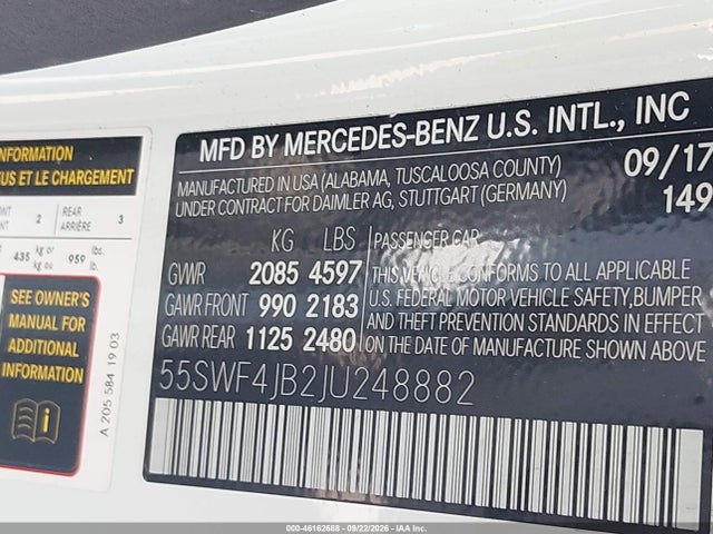 46162688 :رقم المزاد ، 55SWF4JB2JU248882 vin ، 2018 Mercedes-benz C 300 مزاد بيع