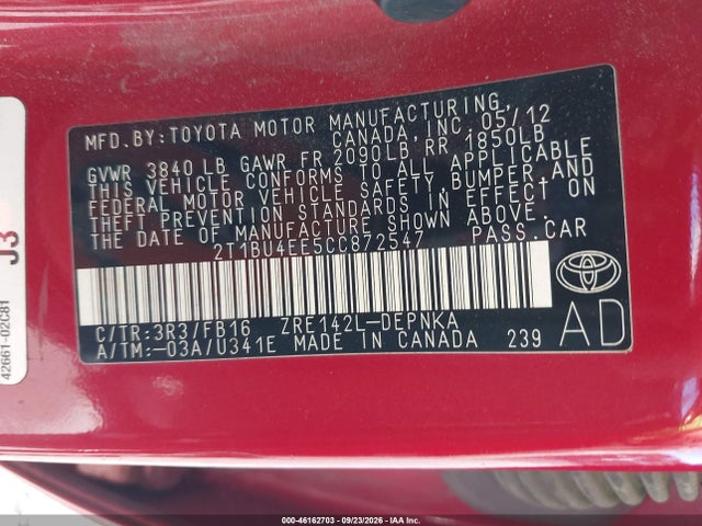 Aukcja sprzedaży 2012 Toyota Corolla Le, vin: 2T1BU4EE5CC872547, numer aukcji: 46162703