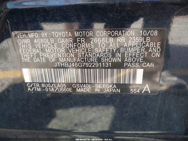 Продажа на аукционе авто 2009 Lexus Es 350, vin: JTHBJ46G792291131, номер лота: 46162716