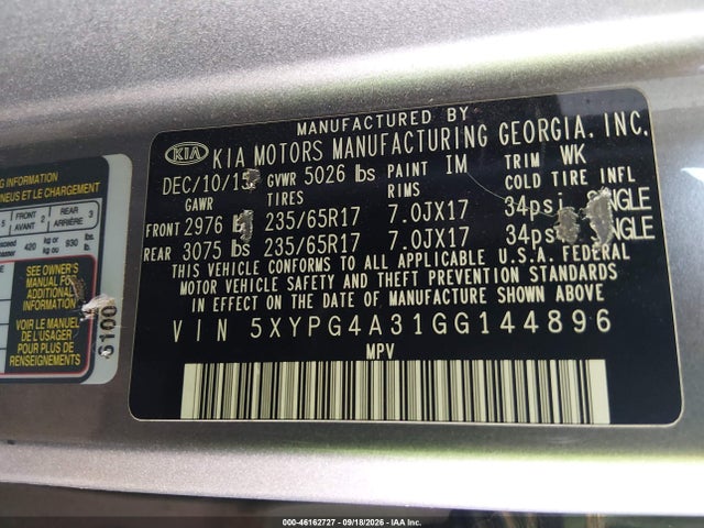 46162727 :رقم المزاد ، 5XYPG4A31GG144896 vin ، 2016 Kia Sorento 2.4l Lx مزاد بيع