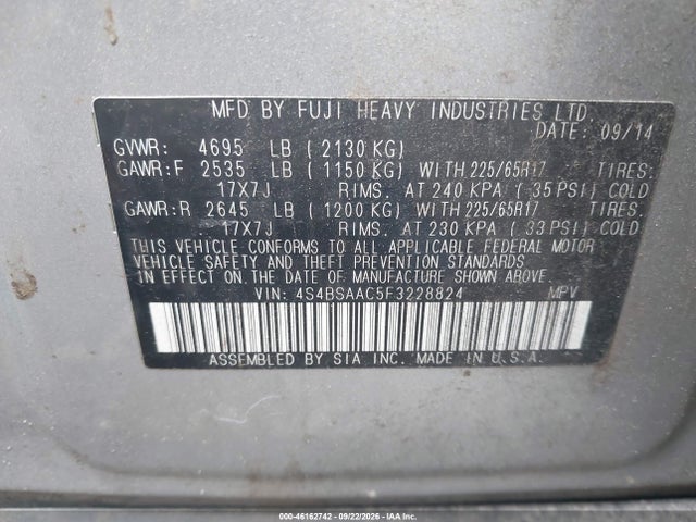 46162742 :رقم المزاد ، 4S4BSAAC5F3228824 vin ، 2015 Subaru Outback 2.5i مزاد بيع