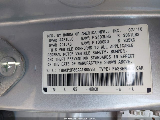 46162745 :رقم المزاد ، 1HGCP2F89AA180528 vin ، 2010 Honda Accord 2.4 Ex-l مزاد بيع
