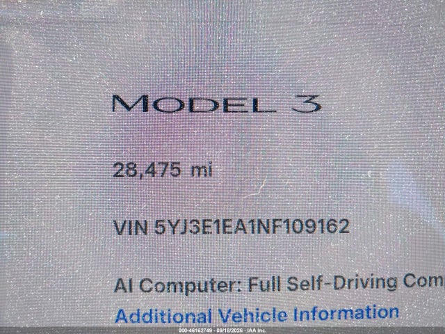 Aukcja sprzedaży 2022 Tesla Model 3 Rear-wheel Drive, vin: 5YJ3E1EA1NF109162, numer aukcji: 46162749