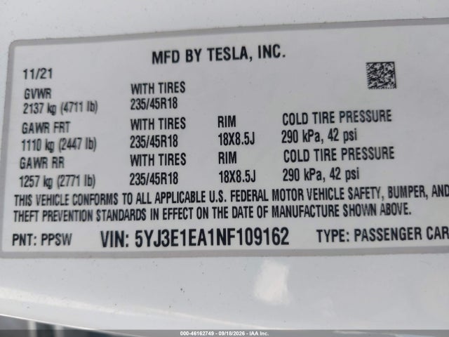 Aukcja sprzedaży 2022 Tesla Model 3 Rear-wheel Drive, vin: 5YJ3E1EA1NF109162, numer aukcji: 46162749
