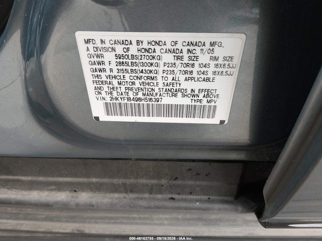2006 Honda Pilot Ex მანქანა იყიდება აუქციონზე, vin: 2HKYF18496H516397, აუქციონის ნომერი: 46162755