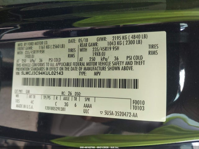 46162768 :رقم المزاد ، 5LMCJ3C94KUL02143 vin ، 2019 Lincoln Mkc Reserve مزاد بيع