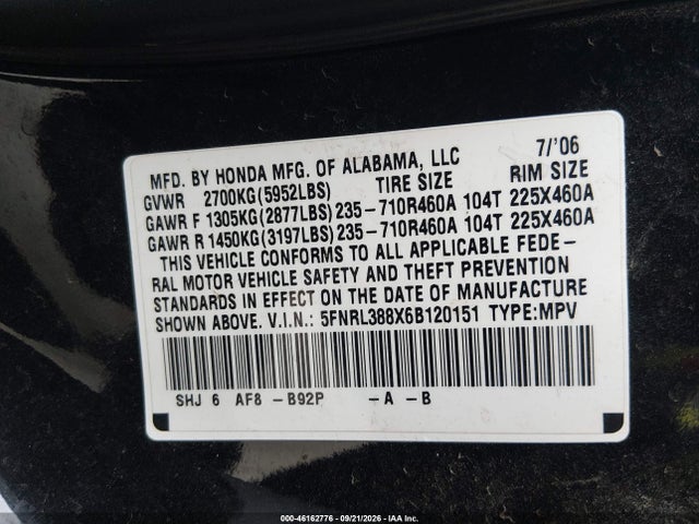 2006 Honda Odyssey Touring მანქანა იყიდება აუქციონზე, vin: 5FNRL388X6B120151, აუქციონის ნომერი: 46162776