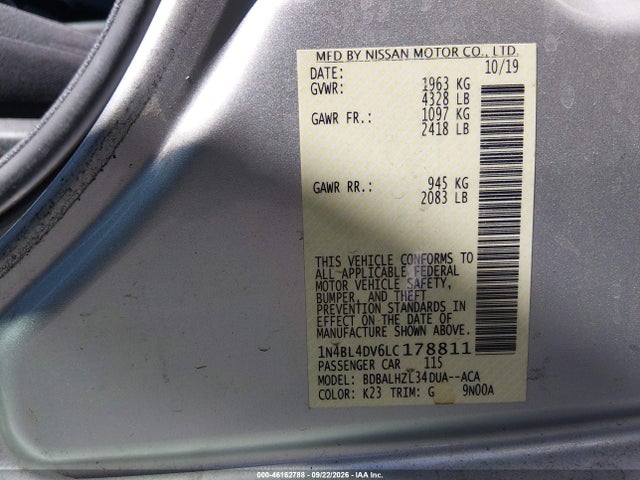 46162788 :رقم المزاد ، 1N4BL4DV6LC178811 vin ، 2020 Nissan Altima Sv Fwd مزاد بيع