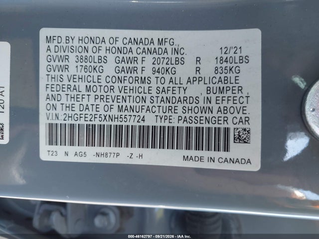 Продажа на аукционе авто 2022 Honda Civic Sport, vin: 2HGFE2F5XNH557724, номер лота: 46162797