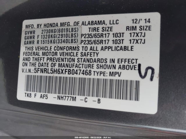 Aukcja sprzedaży 2015 Honda Odyssey Ex-l, vin: 5FNRL5H6XFB047468, numer aukcji: 46162800