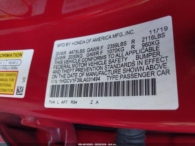 1HGCV1F39LA031494 Honda Accord Sport