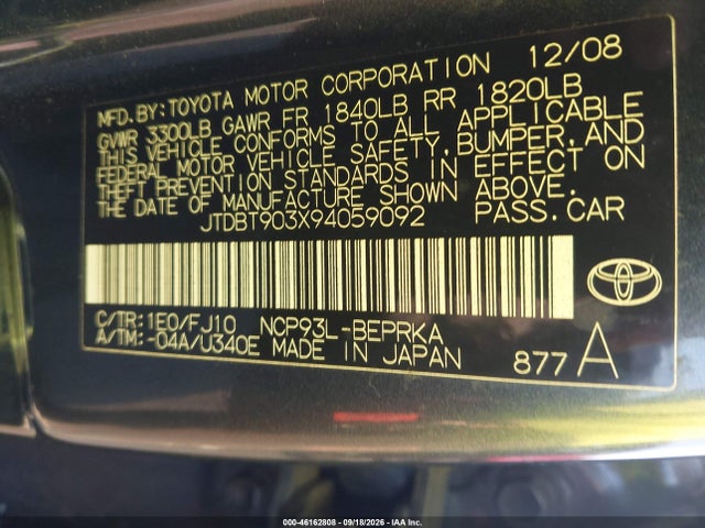 Auction sale of the 2009 Toyota Yaris, vin: JTDBT903X94059092, lot number: 46162808