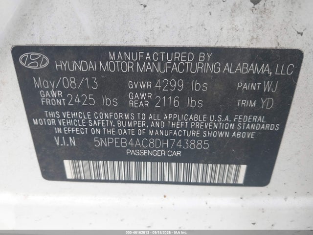 Продажа на аукционе авто 2013 Hyundai Sonata Gls, vin: 5NPEB4AC8DH743885, номер лота: 46162813