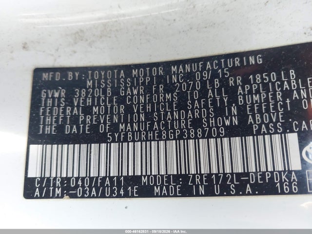 Продаж на аукціоні авто 2016 Toyota Corolla L, vin: 5YFBURHE8GP388709, номер лоту: 46162831