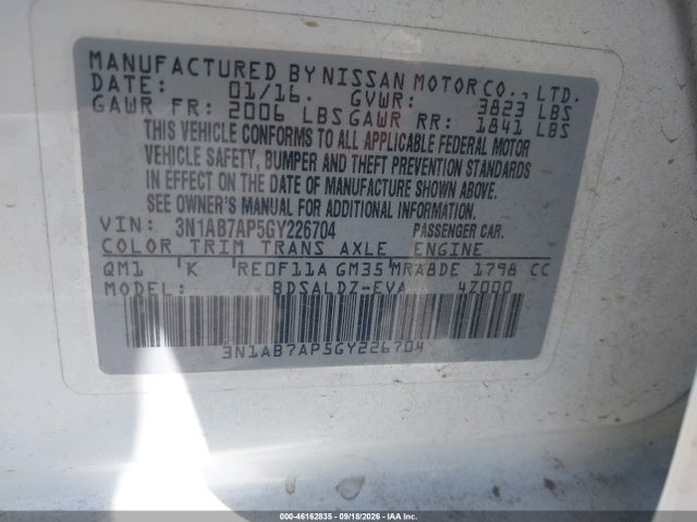 Продажа на аукционе авто 2016 Nissan Sentra Sv, vin: 3N1AB7AP5GY226704, номер лота: 46162835