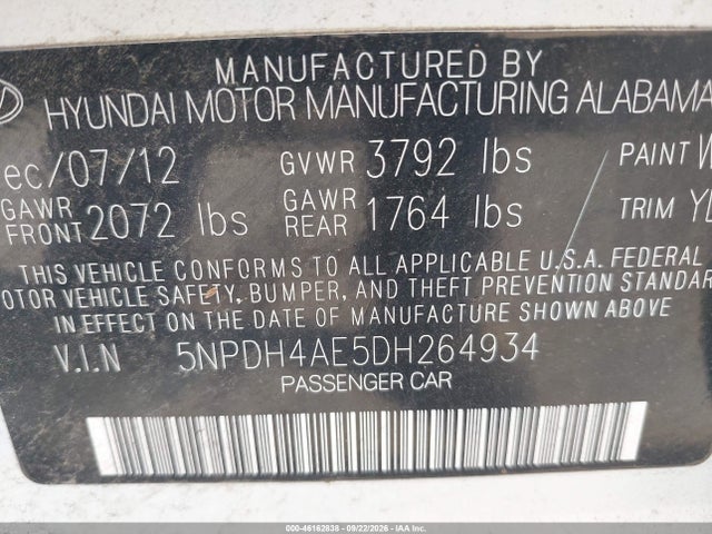 Продаж на аукціоні авто 2013 Hyundai Elantra Gls, vin: 5NPDH4AE5DH264934, номер лоту: 46162838