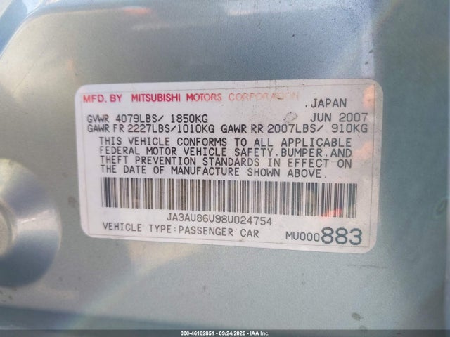 Продаж на аукціоні авто 2008 Mitsubishi Lancer Gts, vin: JA3AU86U98U024754, номер лоту: 46162851