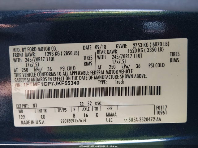 2018 Ford F-150 Xl მანქანა იყიდება აუქციონზე, vin: 1FTMF1CP7JKF55340, აუქციონის ნომერი: 46162857
